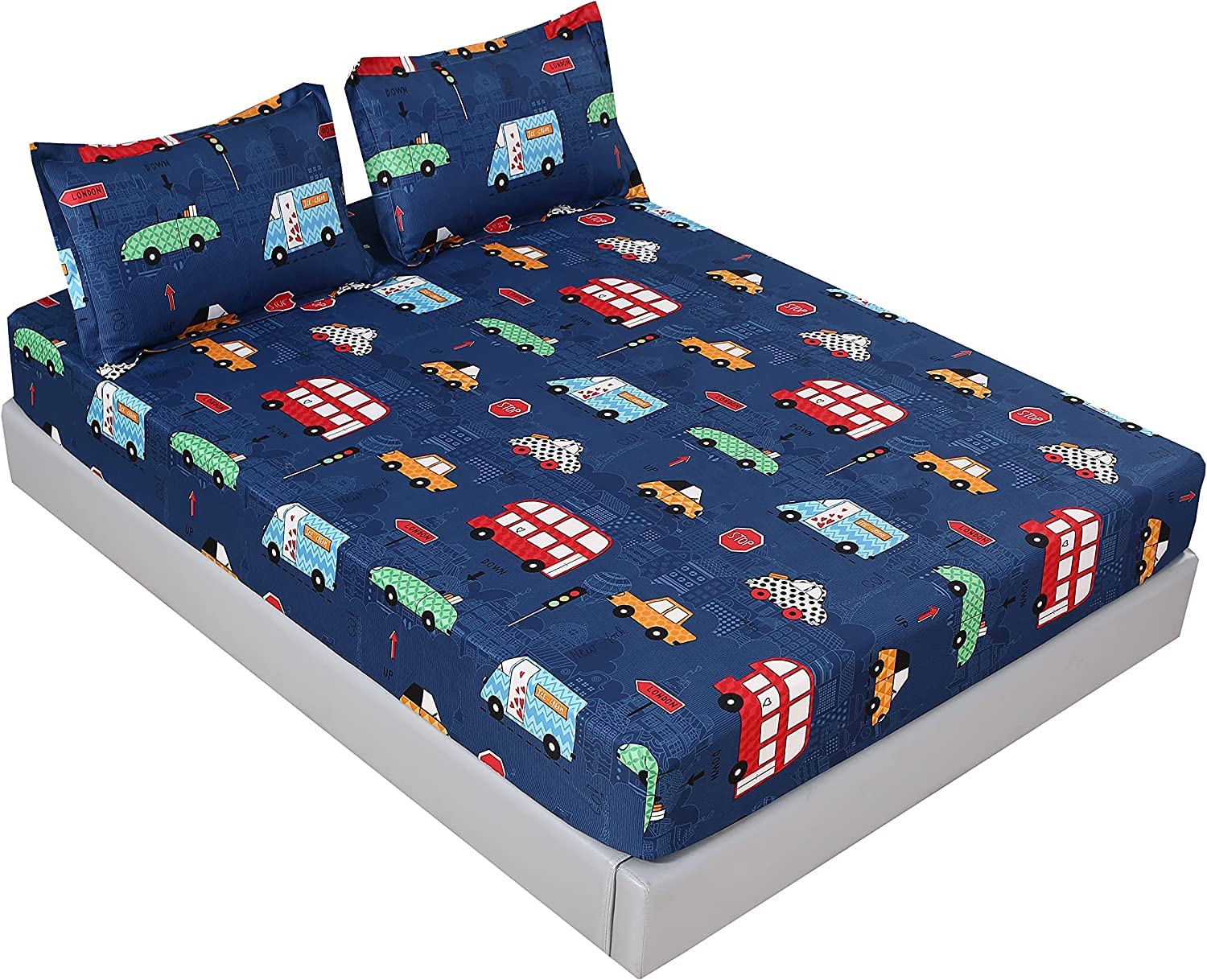 Mag 3Pcs Cartoon Car Fitted Bed Sheet,Queen Size Fitted Bed Sheet For Toddler Kids,Boys And Girls,Blue Color,1 Fitted Sheet And